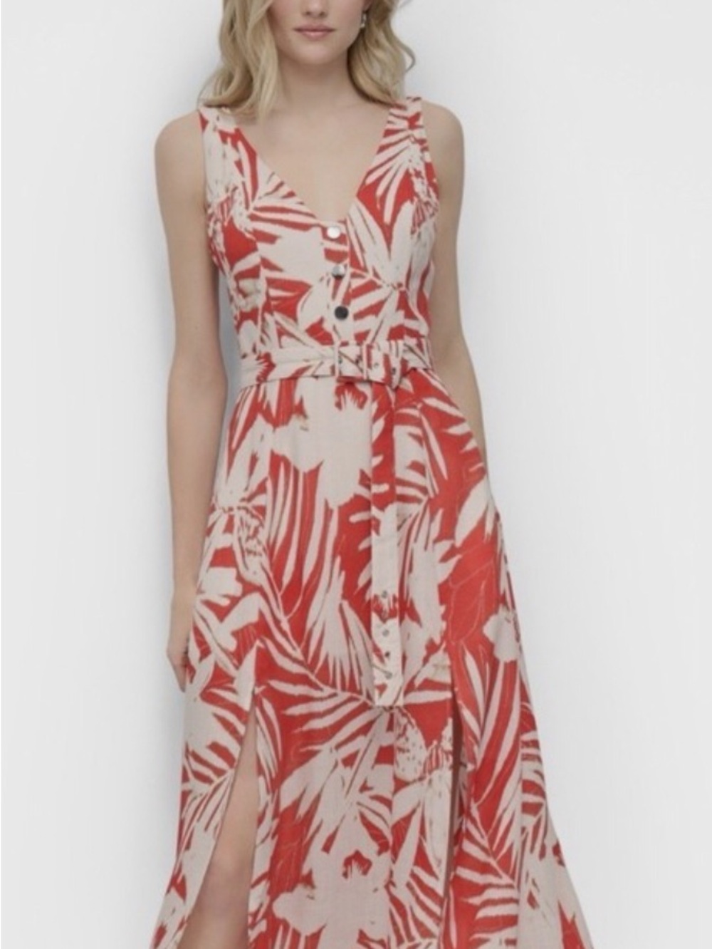 DKNY Orange & Cream Tropical-Leaf Maxi Dress
